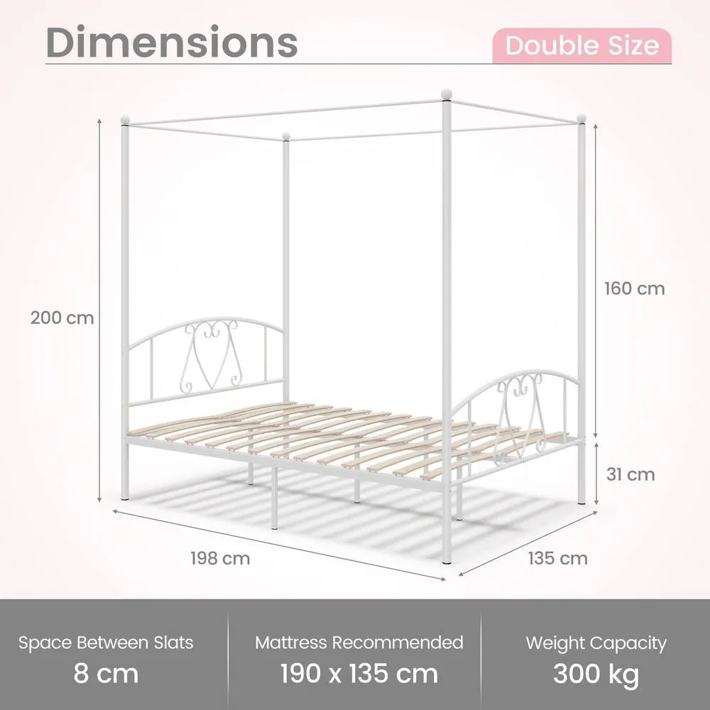 Costway Double Size Metal Canopy Bed Frame 4-Poster Modern Platform Wooden Slat Support in White 2
