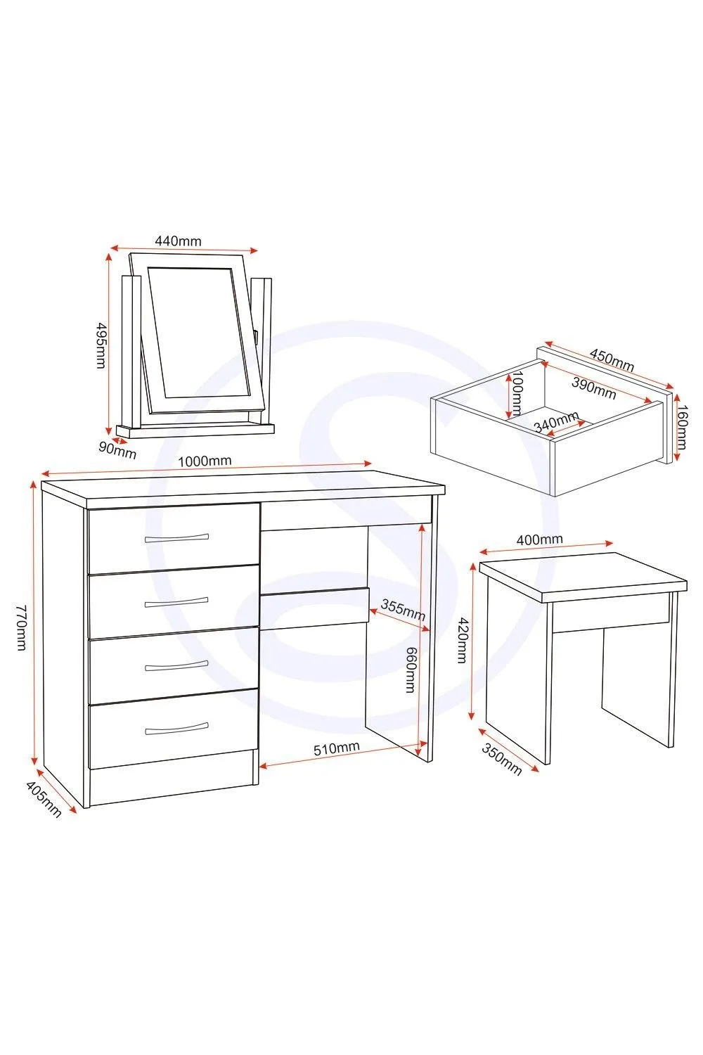 Seconique Nevada 4 Drawer Dressing Table Set in Dark Grey 5