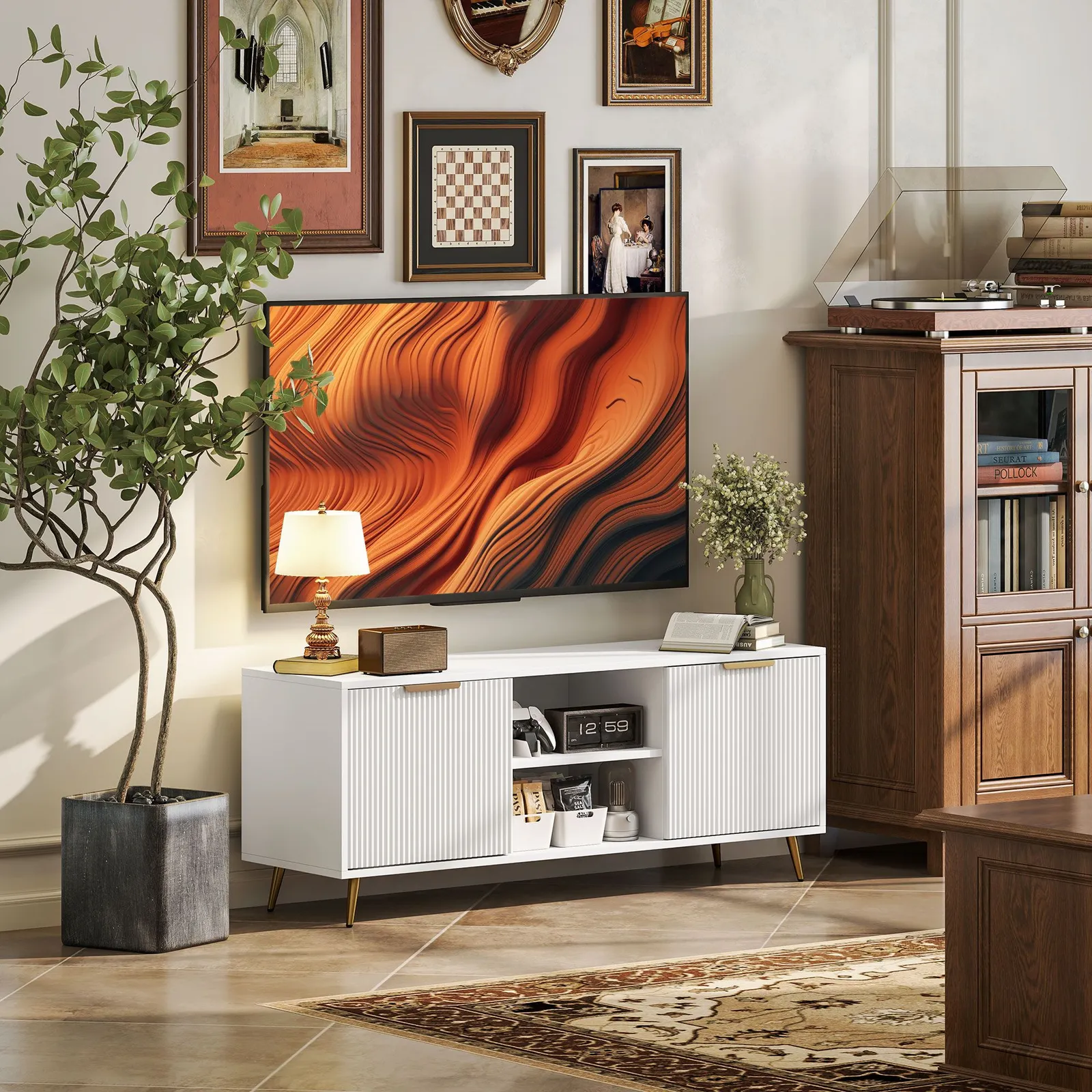 HOMCOM Modern TV Stand Cabinet with Storage for Living Room, White