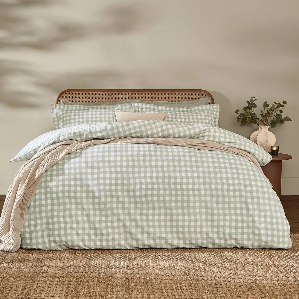 Yard Barton Gingham Check 100% Cotton Reversible Duvet Cover Set in Pale Green 1