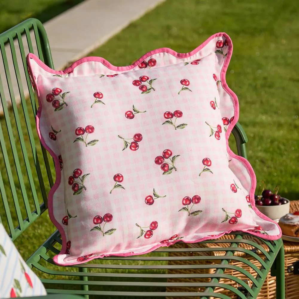 Furn Fruits Cherries Gingham Check Outdoor Cushion in Pink