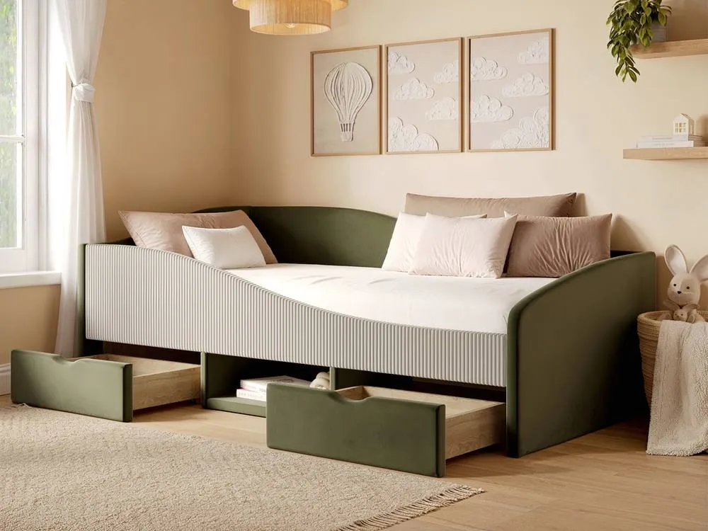 Flair Aubrey Velvet Storage Low Sleeper Bed with Beige Cord in Green 2