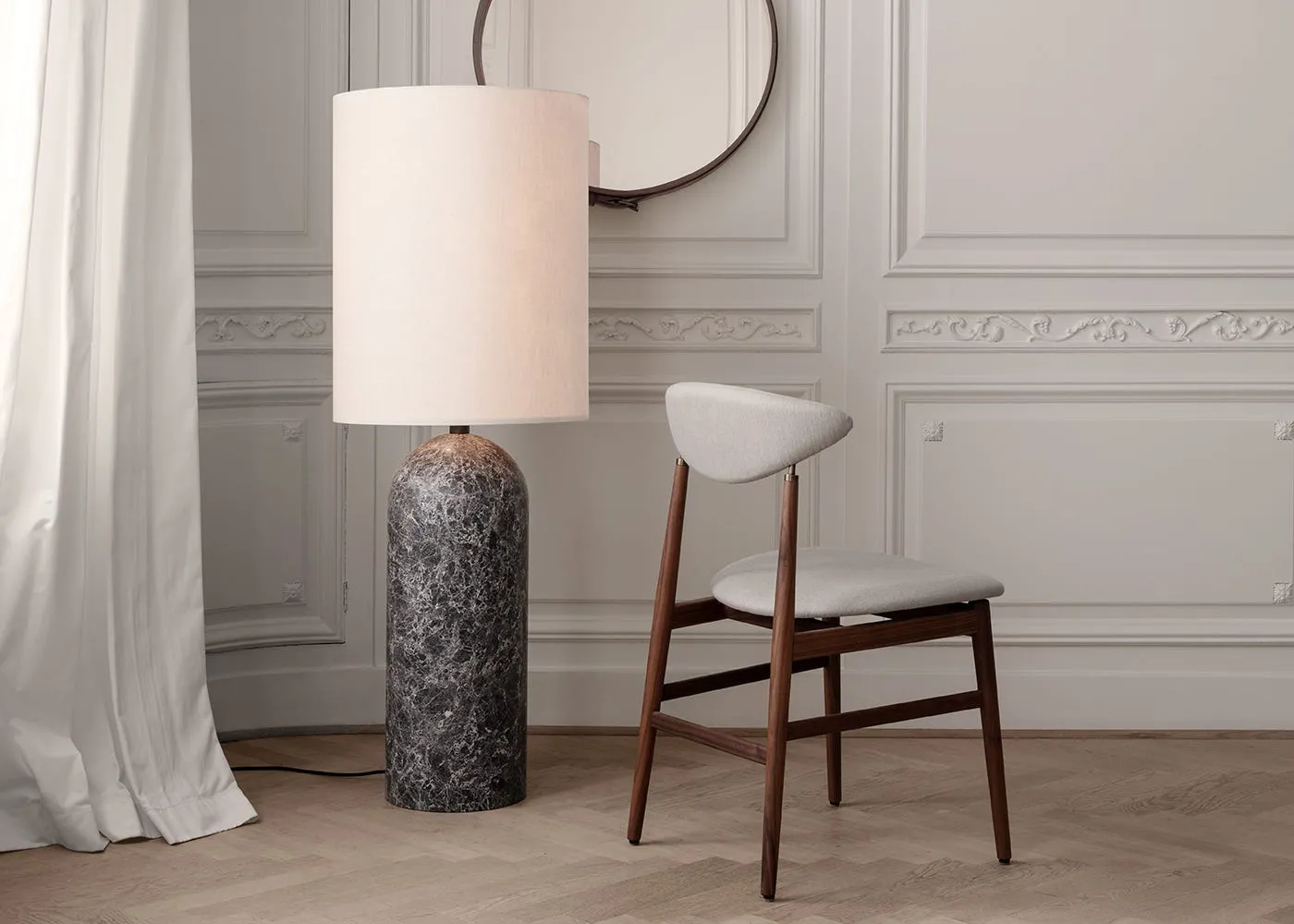 Gubi Fol19 Gravity Floor Lamp XL High White Marble Base White Shade 4