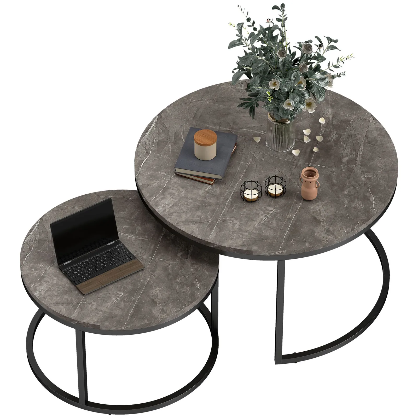HOMCOM 2 Pcs Stacking Coffee Table Set Steel Frame Marble-Effect Top Foot Pads in Dark Grey