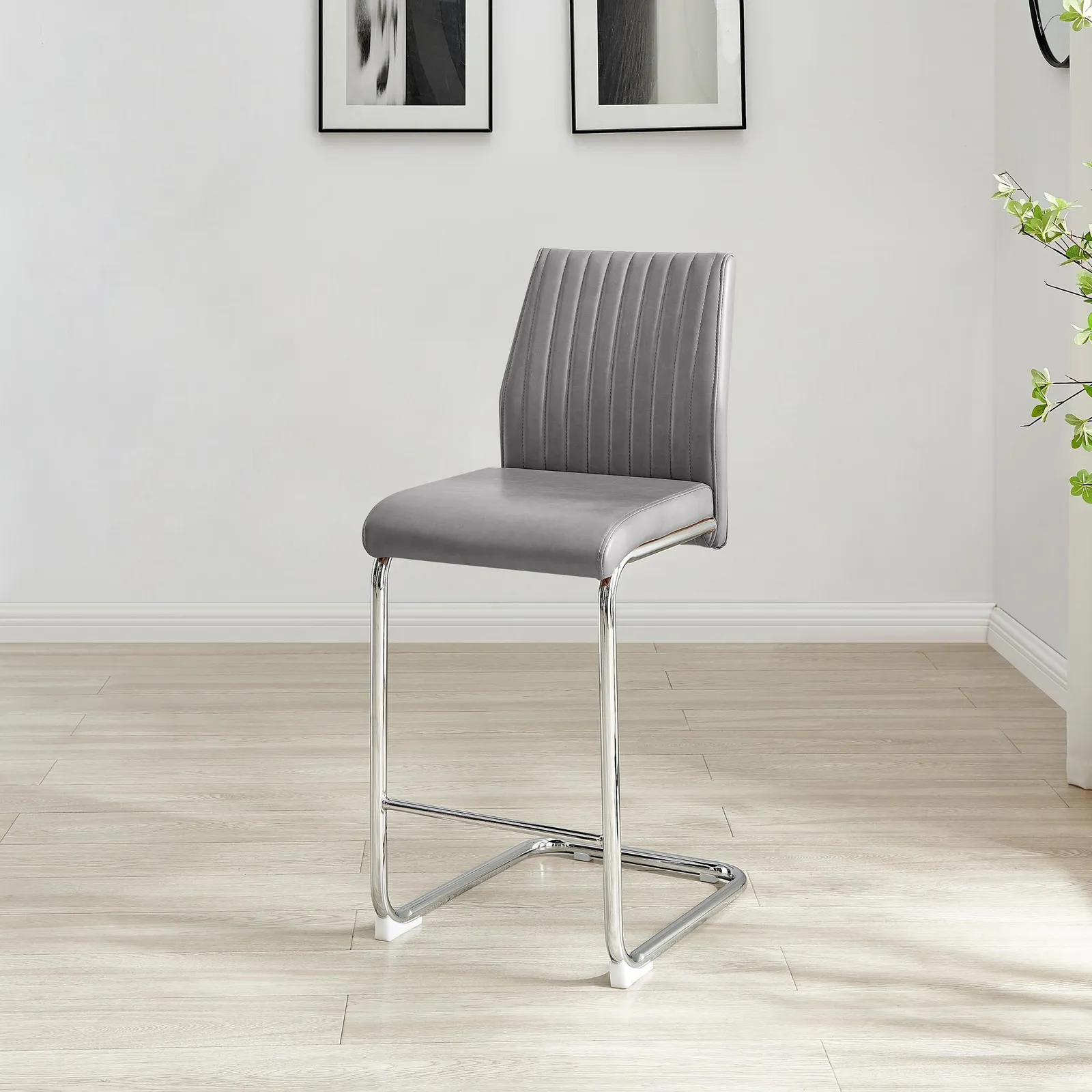 FurnitureboxUK Lorenzo 2x Faux Leather & Silver Counter Stools in Grey 4