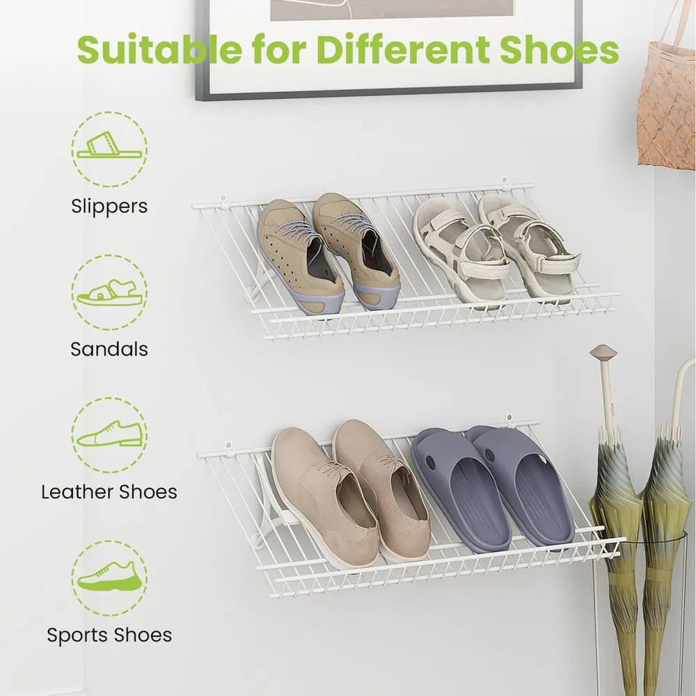 Costway Closet Shelves Wall Mounted Set of 2 Metal Wire Shoe Racks-White in White 6