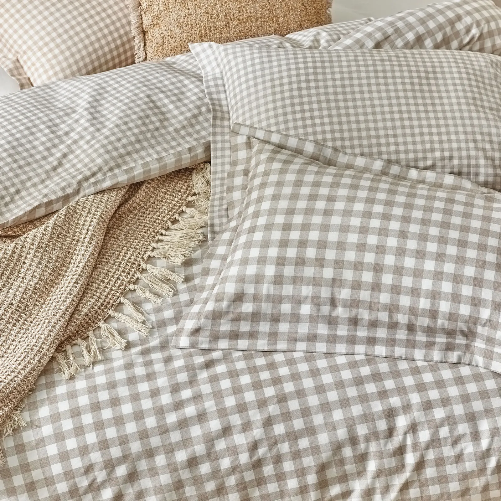Yard Barton Gingham Check Duvet Cover Set, Double, Natural 3