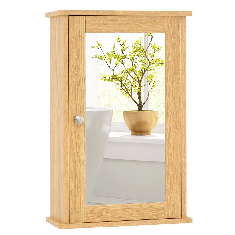 Costway Wall Mounted Single Door Storage Cabinet w/ Adjustable Shelf in Natural