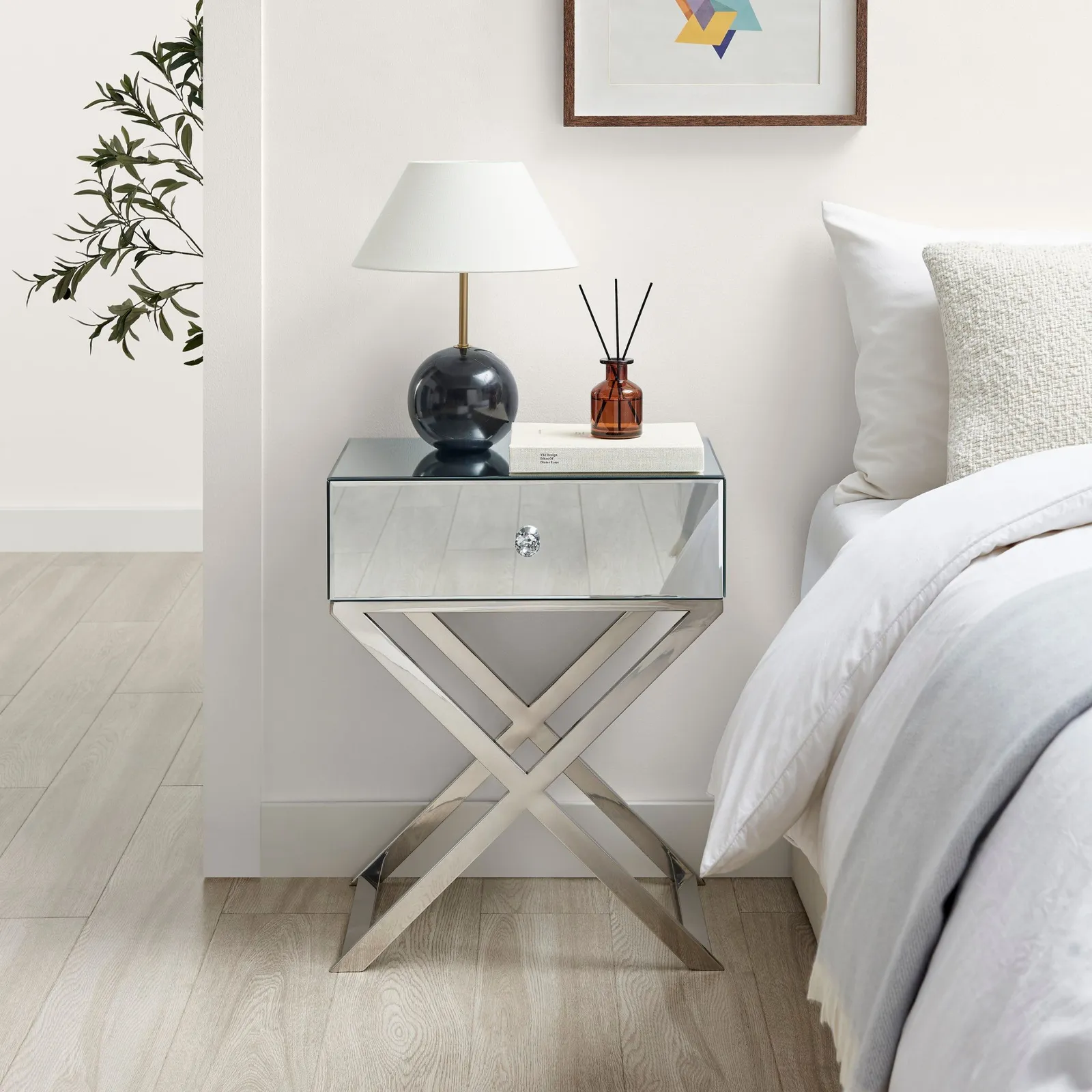 FurnitureboxUK Celeste Single Drawer Mirrored bedside Table With Silver Chrome Cross Legs 2