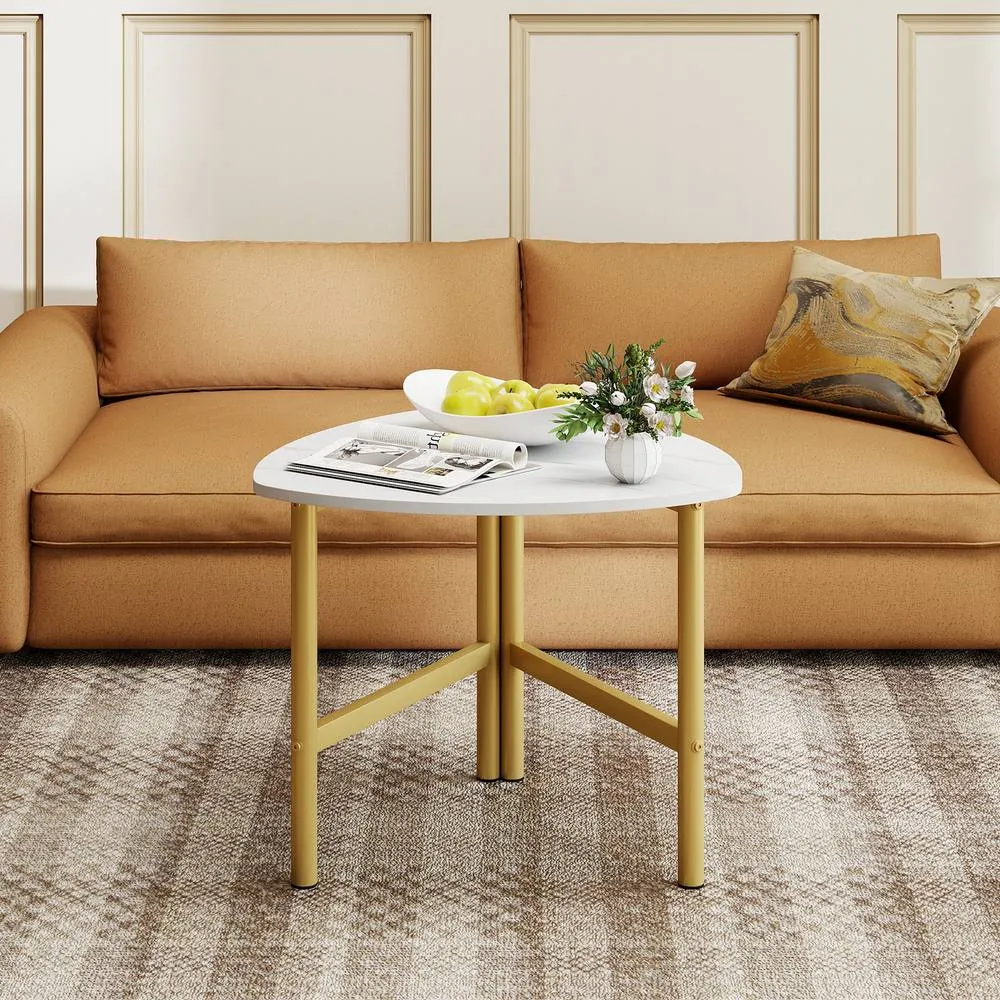 Costway Triangular Coffee Table with Faux Marble Tabletop for Living Room in White 3
