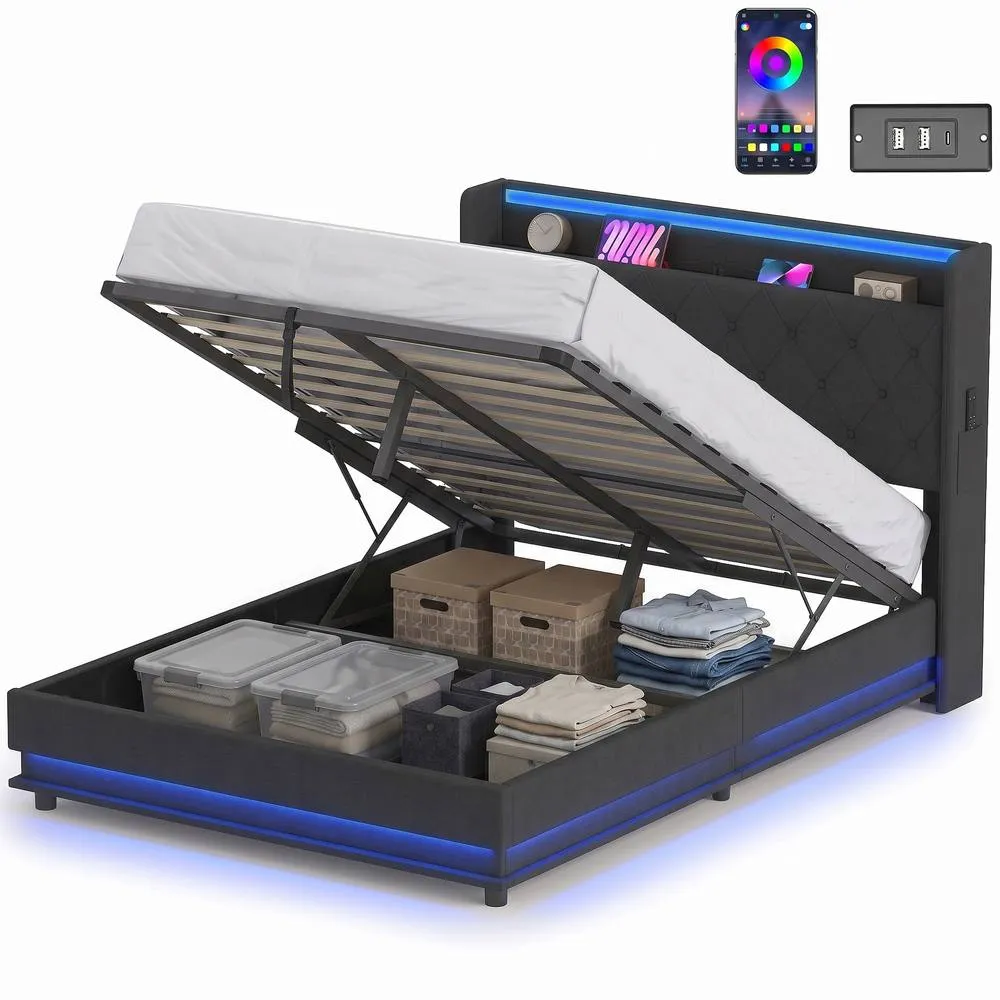 HOMCOM Lift up Storage Bed Frame with RGB LED Lights, 135 x 190cm, Black