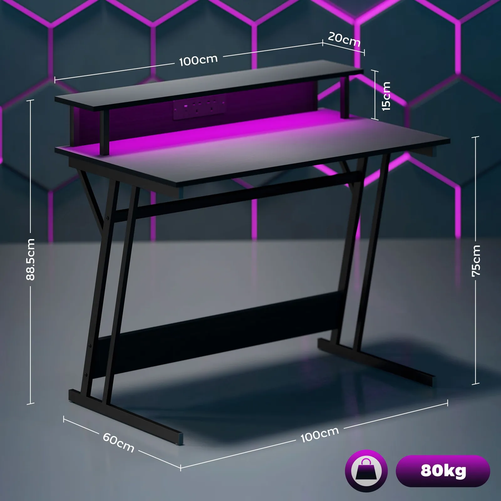 HOMCOM LED Gaming Desk with Power Outlets & Monitor Stand 100 x 60cm Black 3