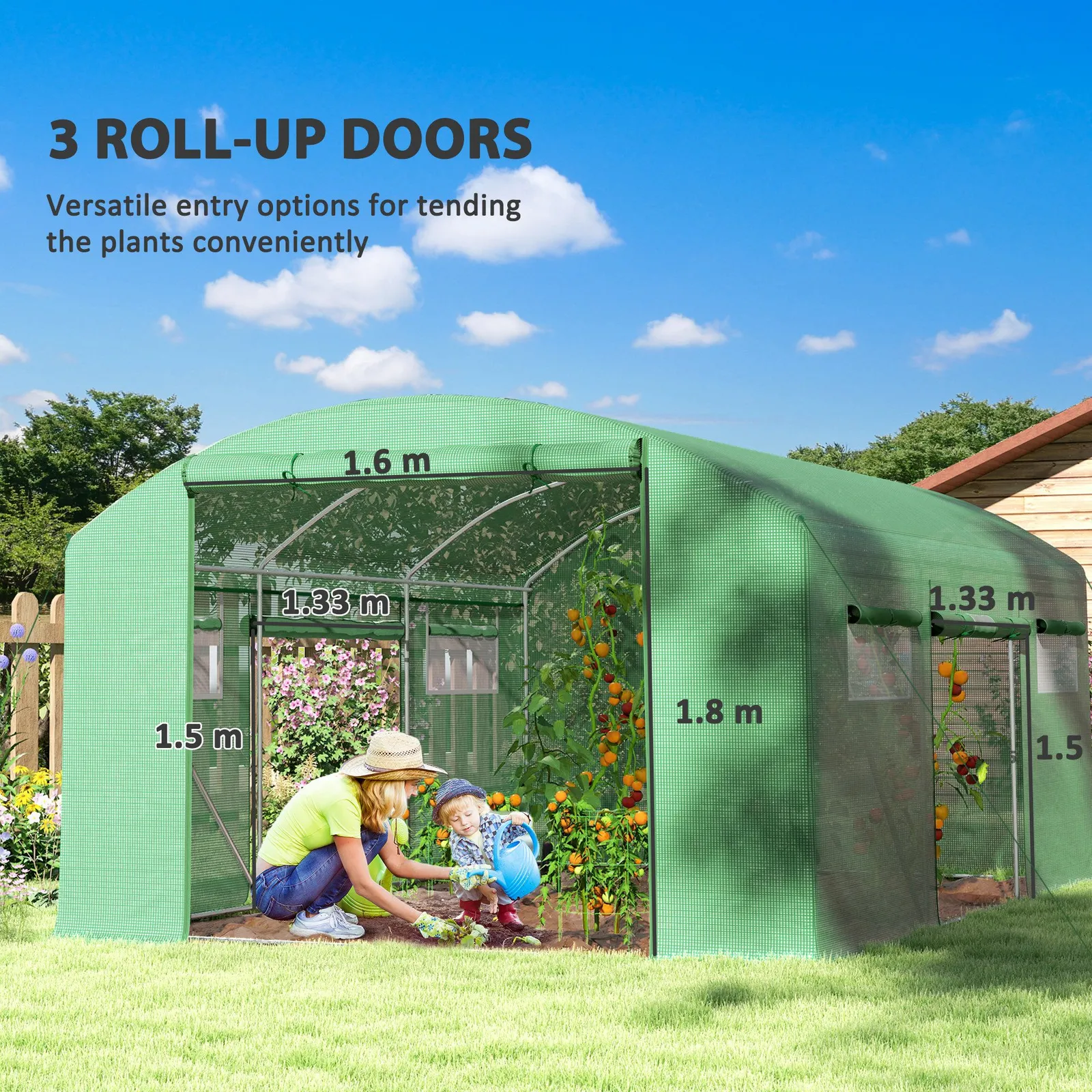 OUTSUNNY Polytunnel Greenhouse with 3 Roll-up Doors, 4 x 3 x 2m, Green 4