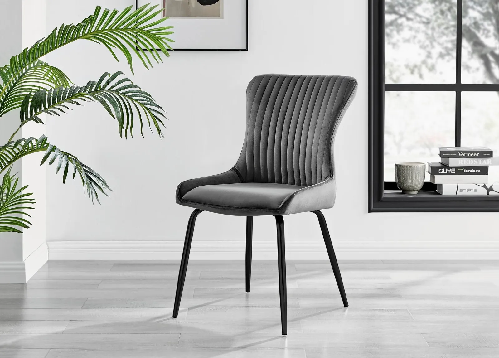 FurnitureboxUK Set of 2 Nora Deep Padded Luxurious Dining Chairs Upholstered In Soft Velvet With Black Legs in Dark Grey 2