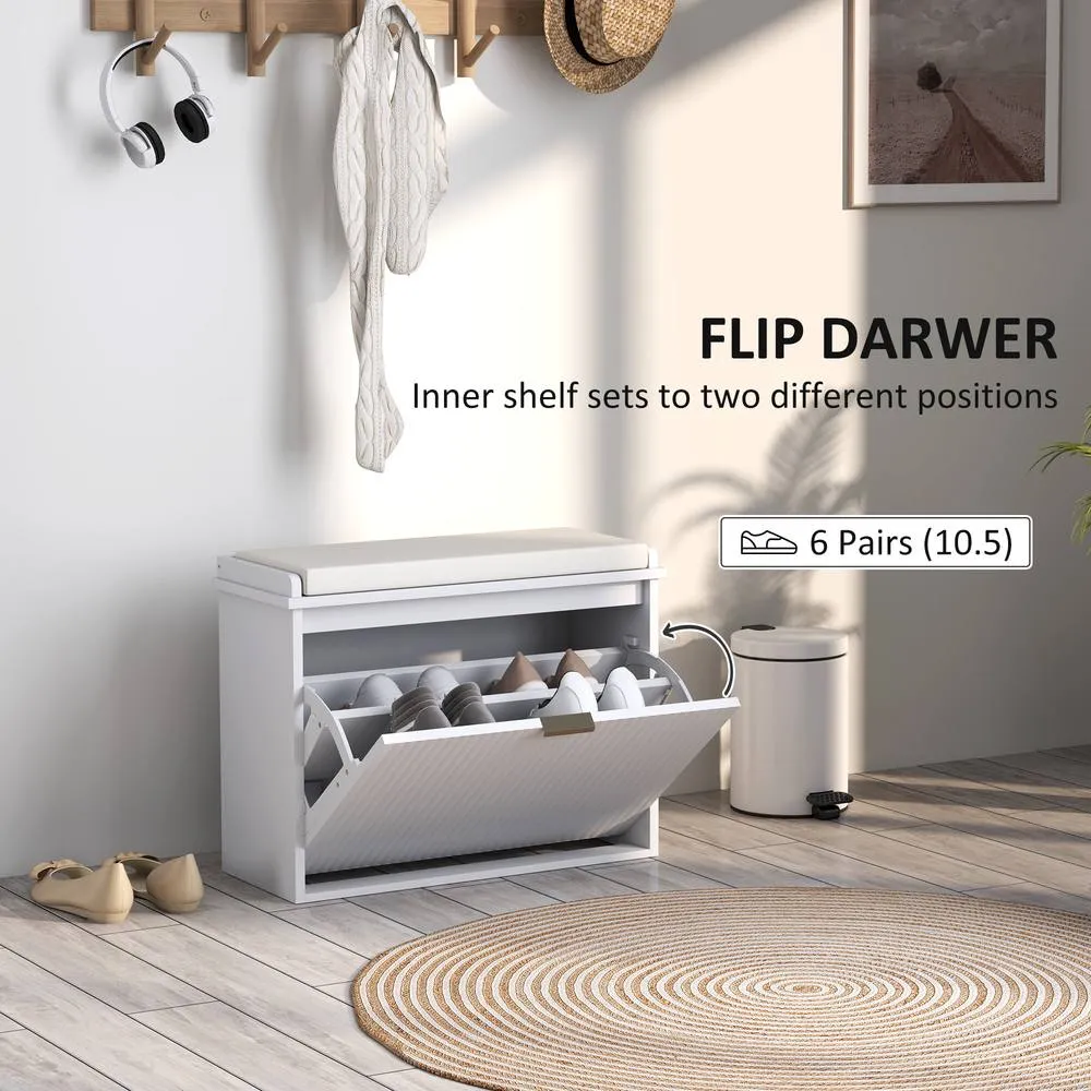 HOMCOM Shoe Storage Bench with Cushion & Flip-Drawer 62x26x47.5cm White 5