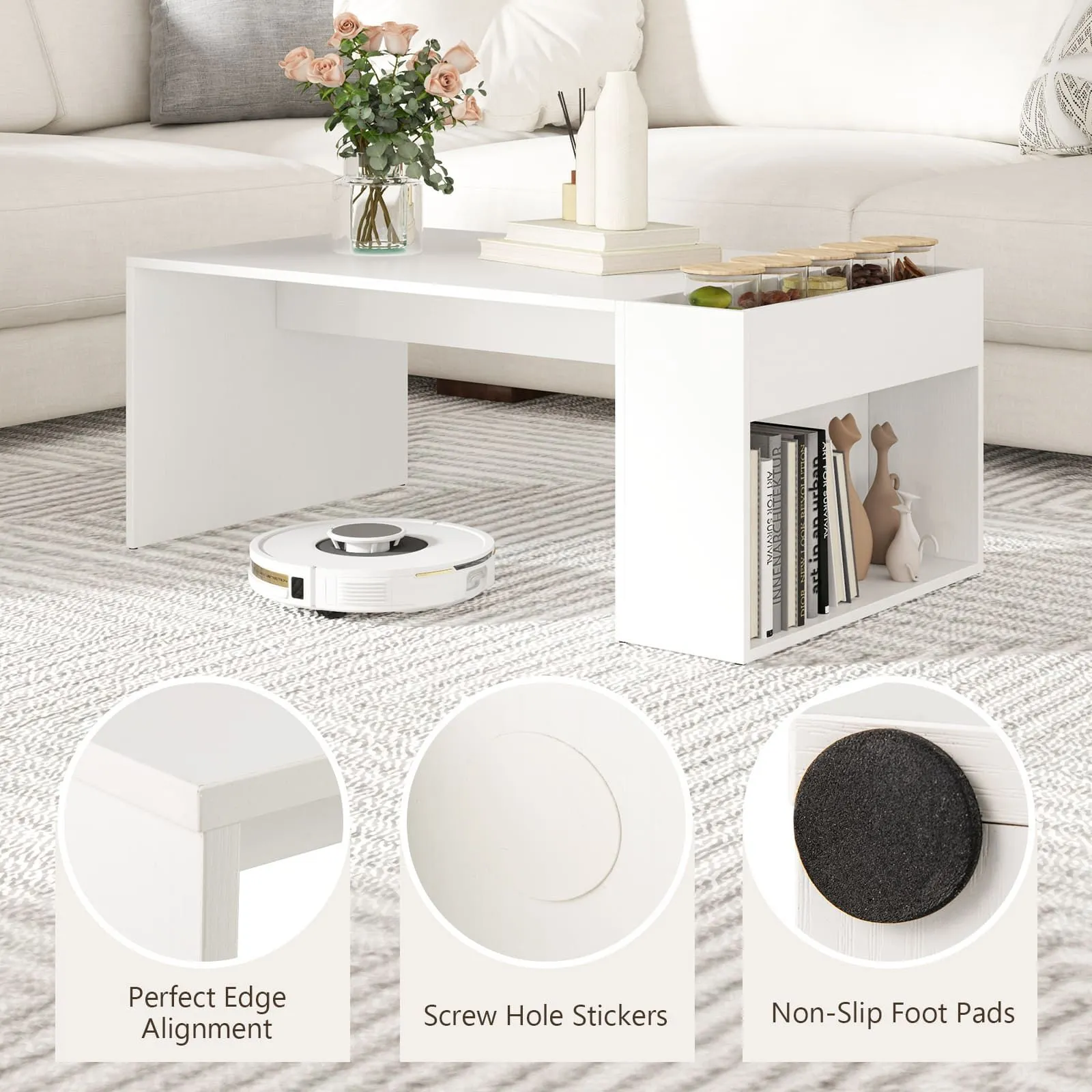 Costway Coffee Table 85cm Coffee Table with Double-Layer Storage Space in White 3