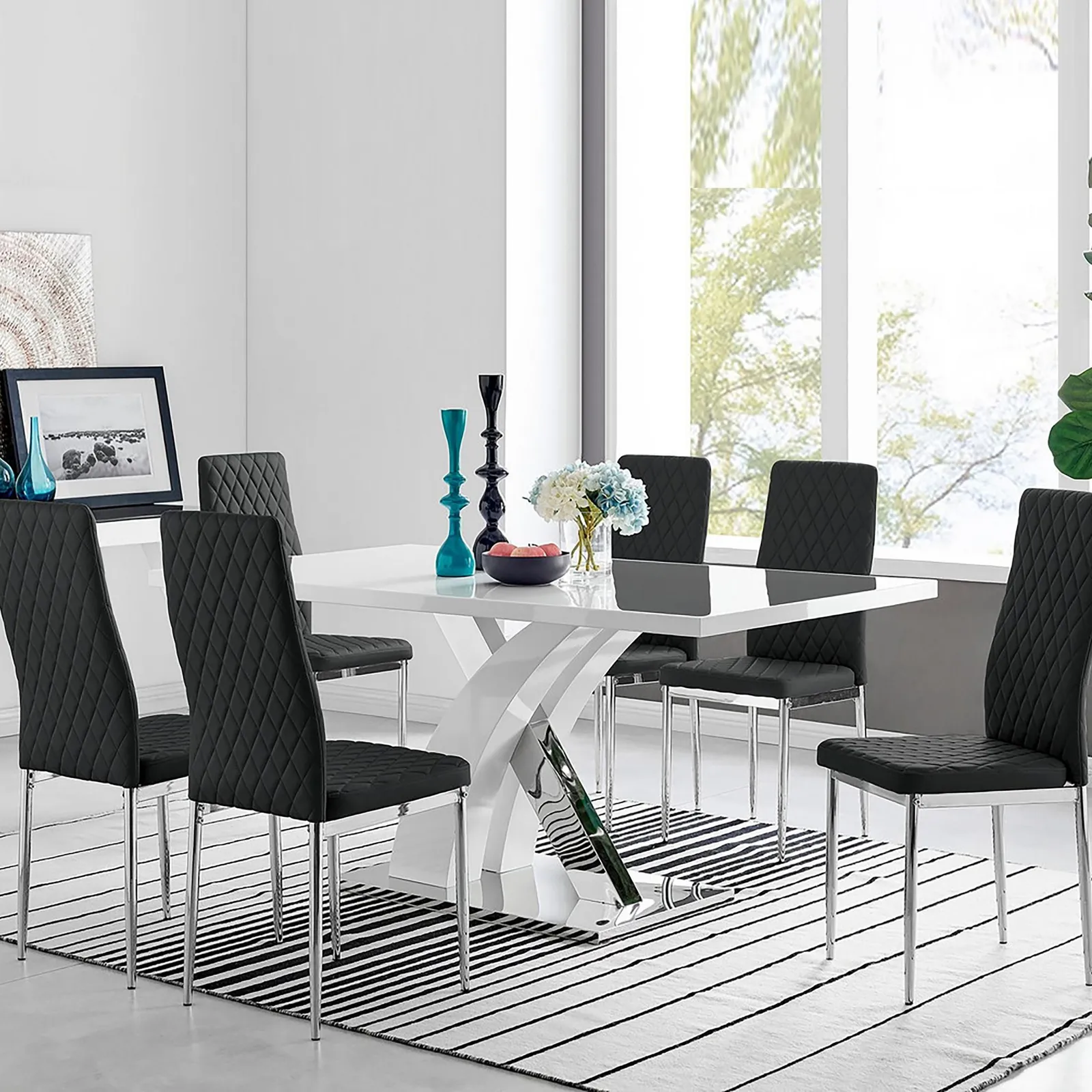 FurnitureboxUK Atlanta Modern Rectangle Chrome Metal High Gloss White Dining Table & 6 Milan Chairs Set in Black 1
