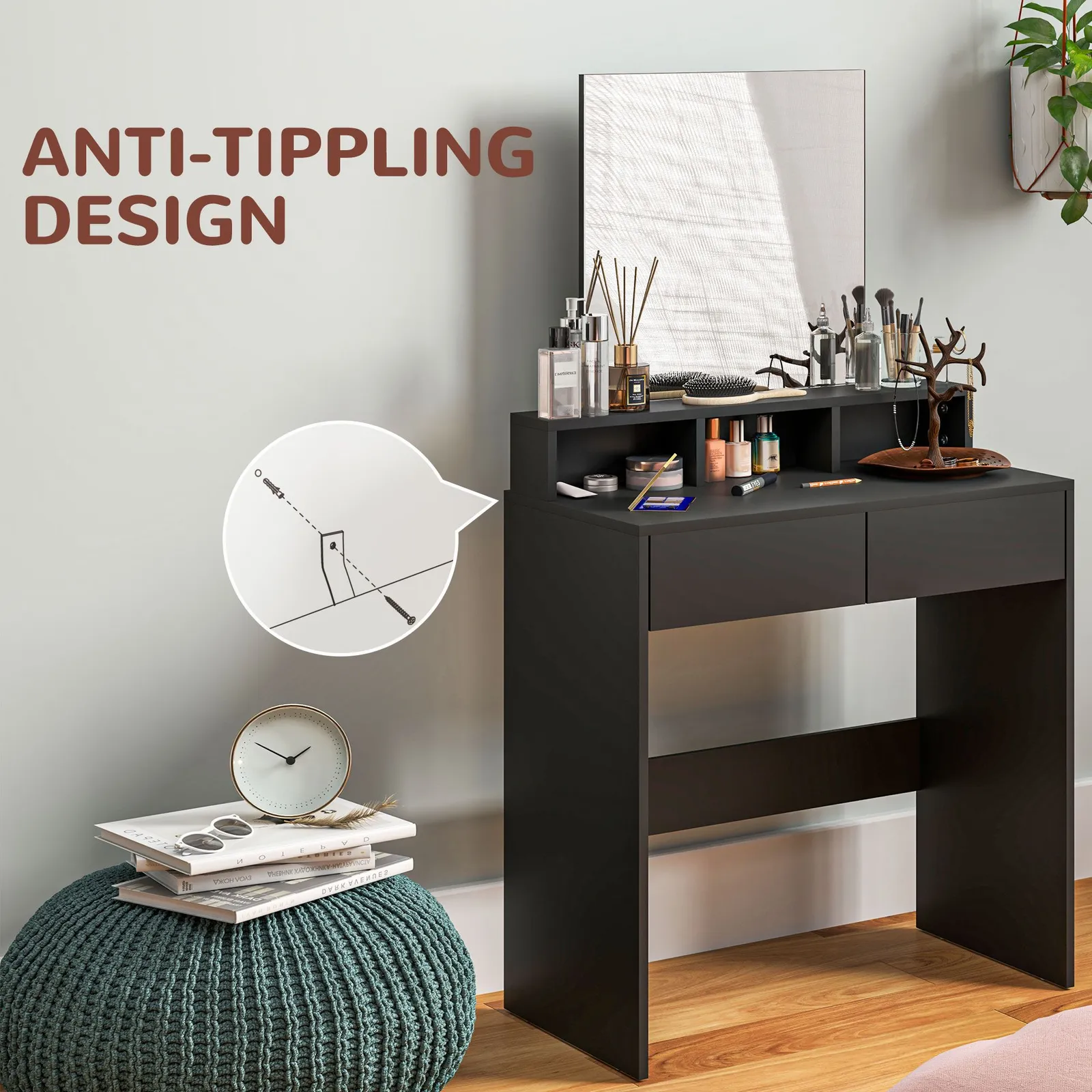 HOMCOM Dressing Table with Mirror, Drawers, for Bedroom, Black 6