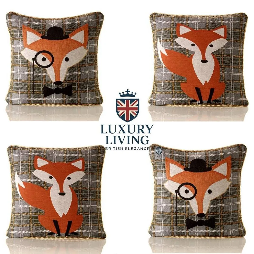 Luxury Living Dapper Fox Tapestry Cushions - (Set of 4 with Plump Pads)