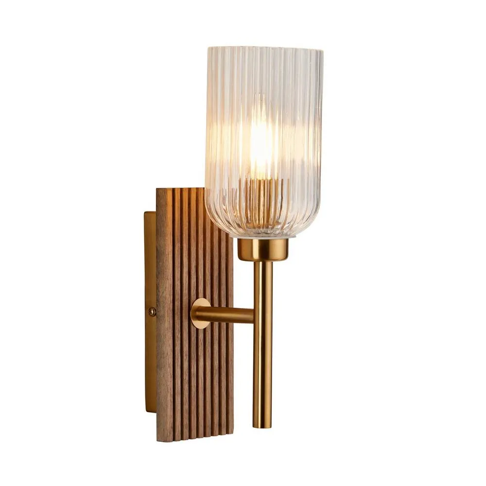 Netlighting Grove Wall Lamp Beechwood & Vintage Brass Ribbed Glass E14 in Brown