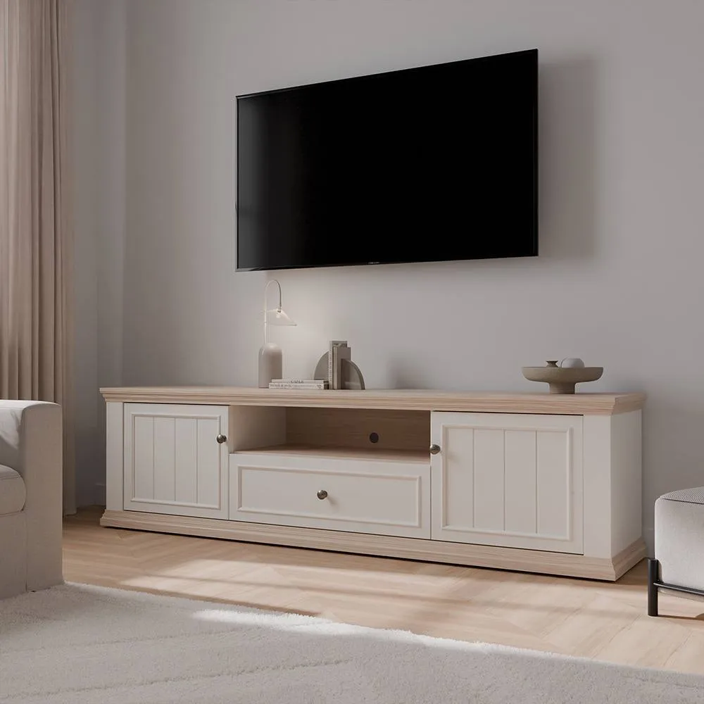 Furniture To Go Pontypool Wide TV Unit - 2 Doors, Drawer & Open Shelf in White & Oak
