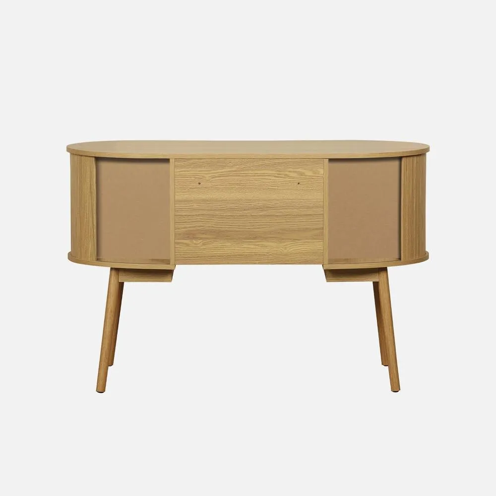 sweeek 120cm Grooved Wooden-effect Oval Desk With Two Storage Spaces in Light Brown 3
