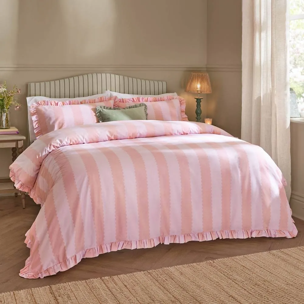 Wylder Birdie Stripe Ruffle Duvet Cover Set in Raspberry 1