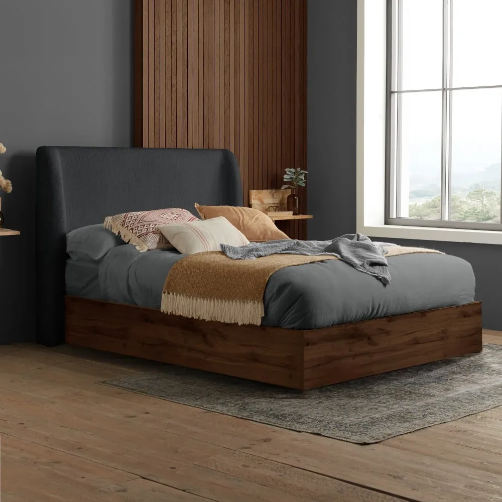 Halfden - Double - Boucle Winged Wooden Ottoman Storage Bed - Grey - Boucle Fabric - 4ft6