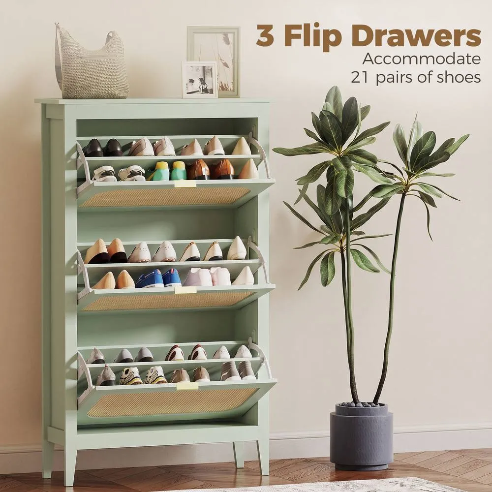 HOMCOM Boho Slim Shoe Cabinet with Rattan Doors, Holds 21 Pairs, Green in Light Green 5