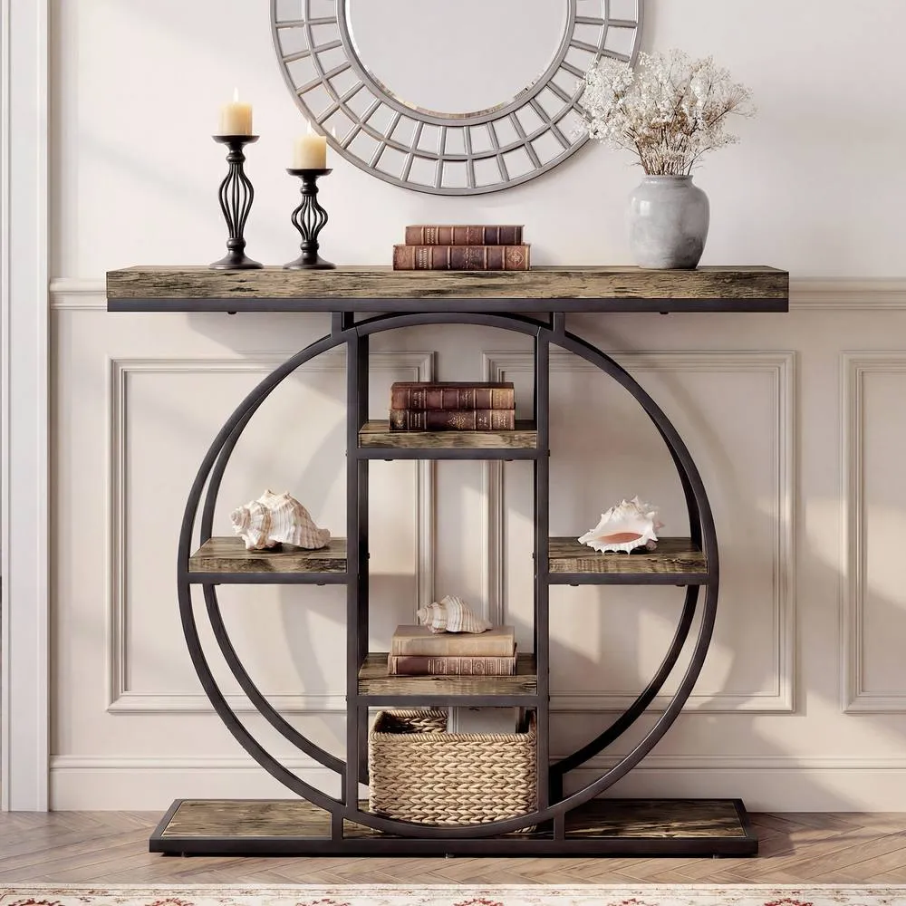 HOMCOM Industrial Console Table, Hallway Table with Storage Shelves in Brown 2