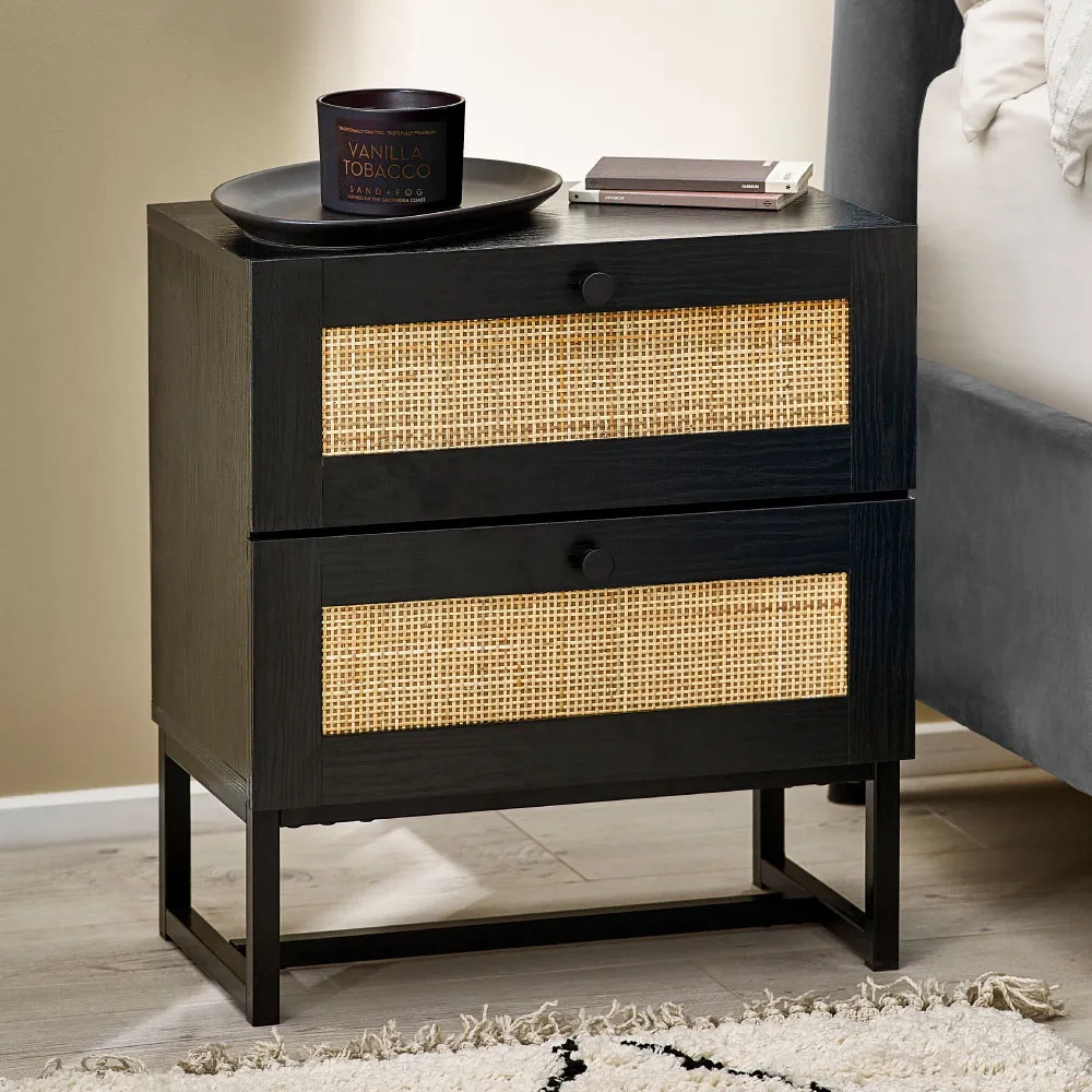 Padstow - 2 Drawer Bedside Table - Black - Wooden/Rattan - Happy Beds 1