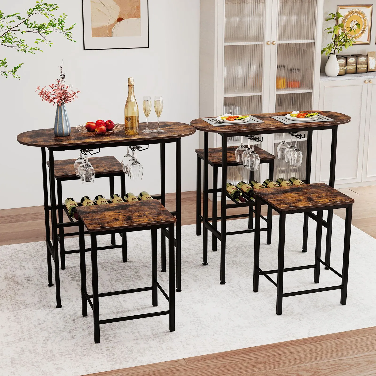 Costway 3 Piece Counter Height Table Set Oval Dining Table & 2 Stools in Brown 4