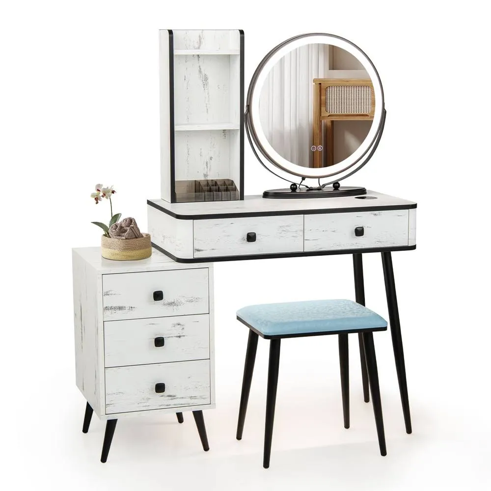 Costway Dressing Table Vanity Set Stool Light 3-Drawer Chest Storage-White in White