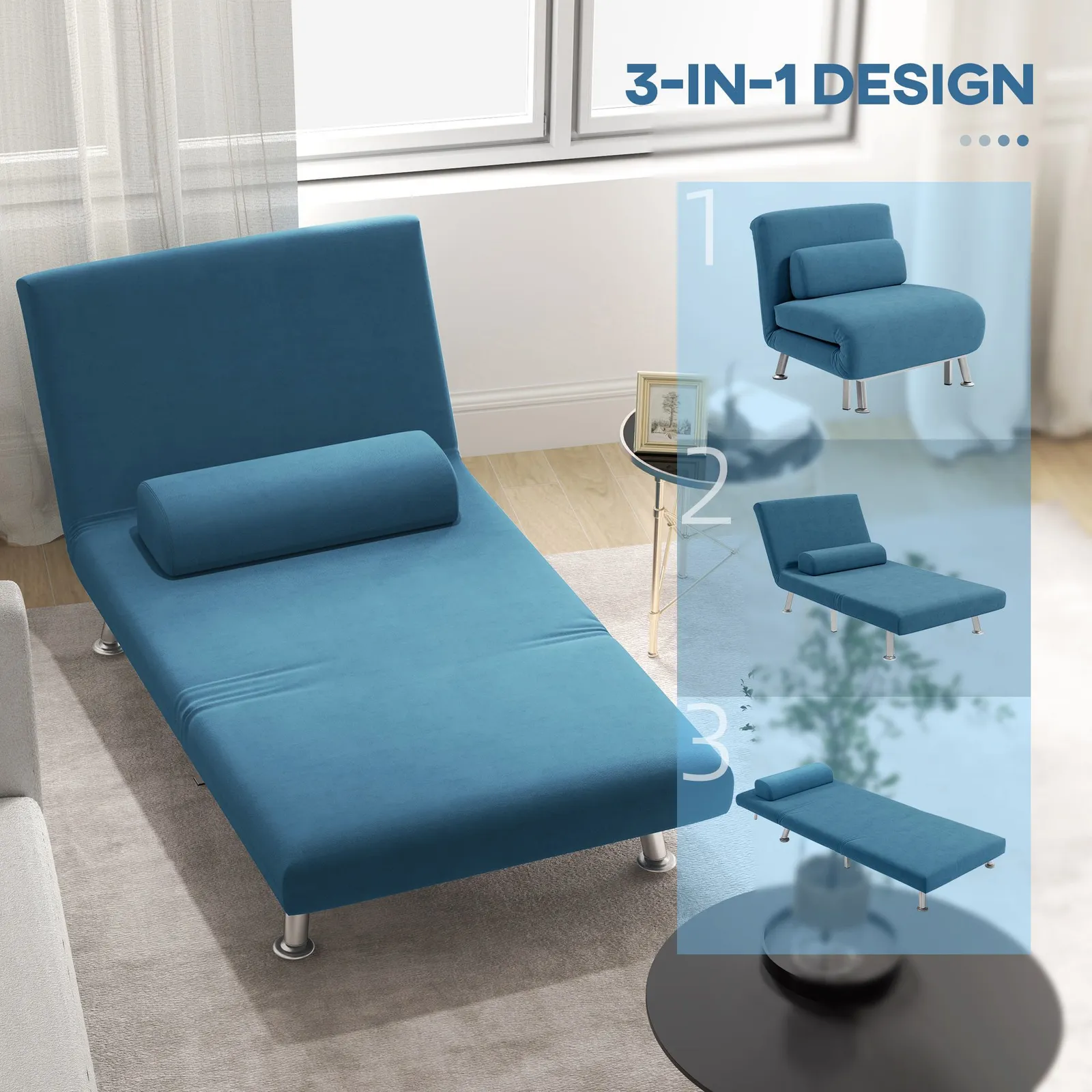 HOMCOM Folding 5 Position Convertible Sleeper Bedroom Chair Bed Blue 4