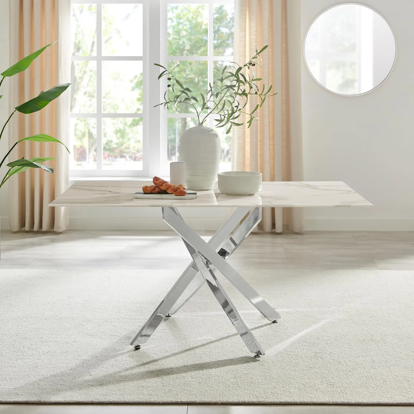 FurnitureboxUK Leonardo 6-Seater Dining Table With Marble Effect Glass Top & Silver Metal Legs in White