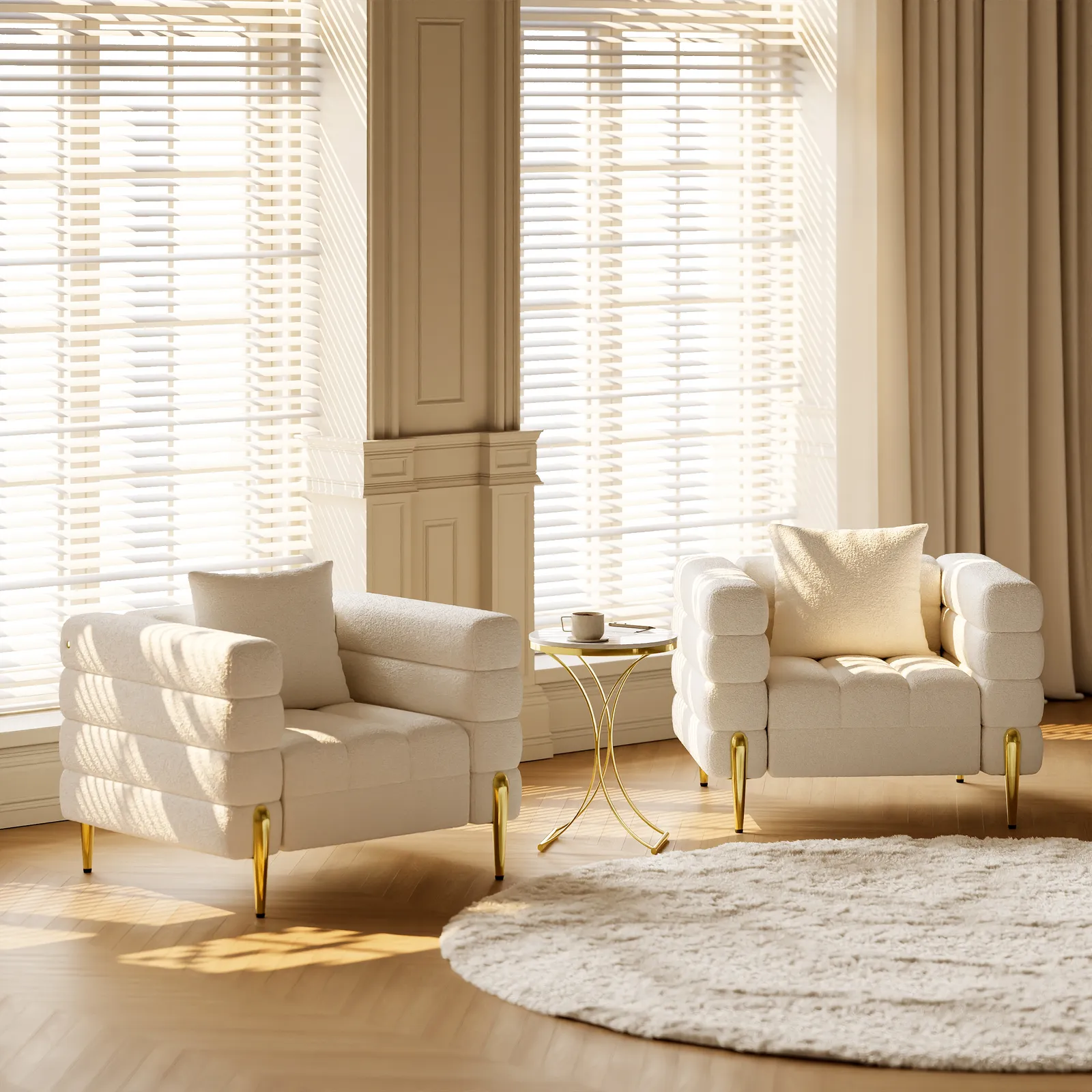 White Boucle Accent Chair Modern Modular Arm Chair	Set of 2