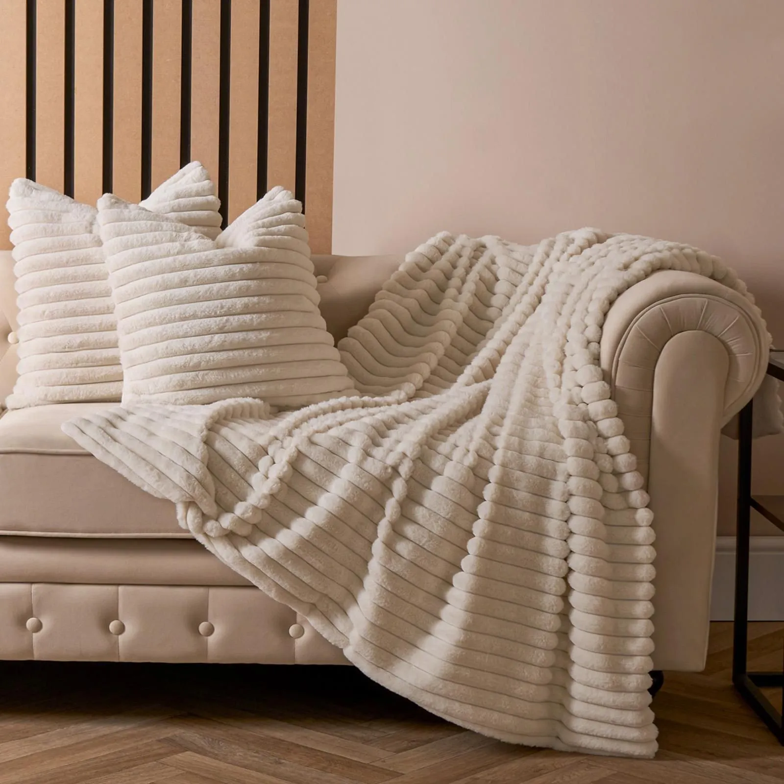 OHS Ribbed Faux Fur Throw Super Soft Fluffy Thick Fleece Bed Blanket in Natural White