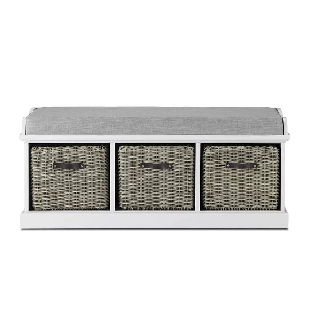 Statement Furniture Tetbury Bench with 3 Grey Faux Rattan Baskets & Grey Cushion in White 3