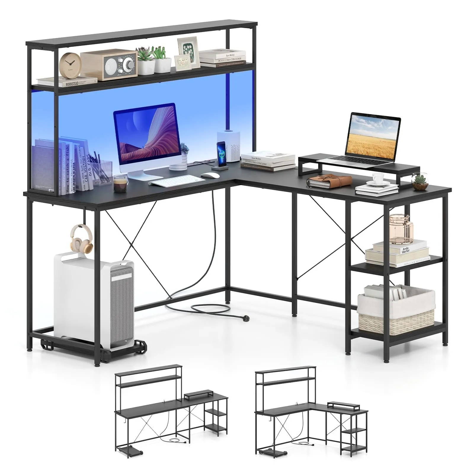 Costway L-Shaped Gaming Desk Reversible Corner Computer Desk w/LED Strip in Black