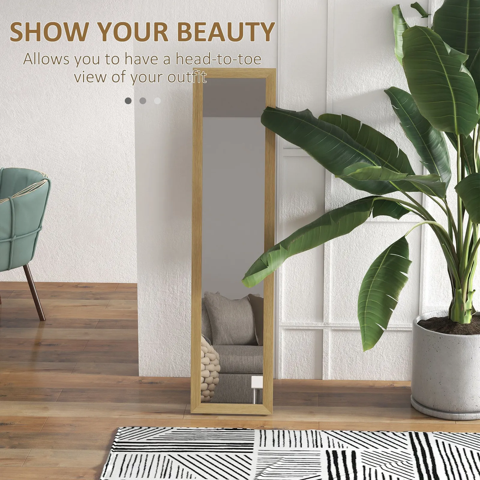 HOMCOM Full Length Mirror, Farmhouse Wall Mirror, Hanging & Freestanding in Natural 4