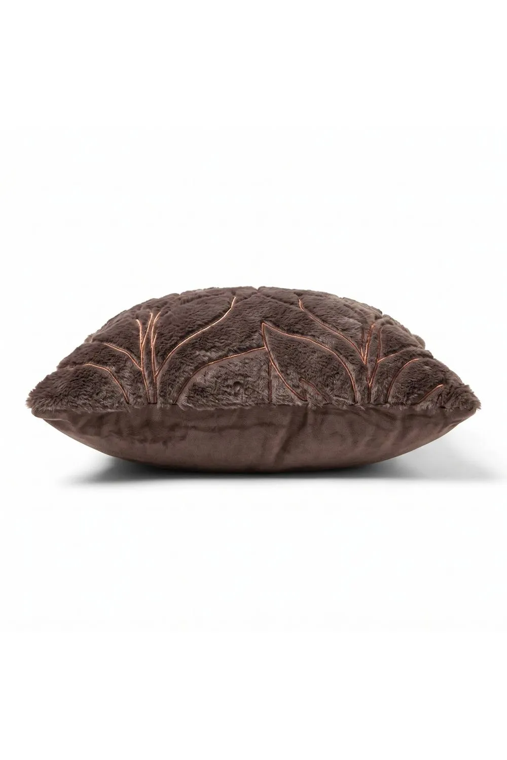 Homescapes Faux Fur Embossed Botanical Leaves Cushion with Cover in Brown 3