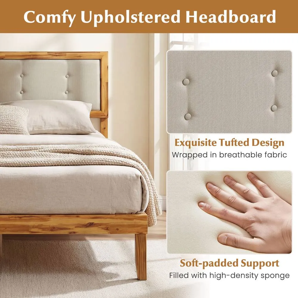 Costway Double Size Bed Frame Acacia Wood Platform Beds w/ Tufted Headboard in Beige 4