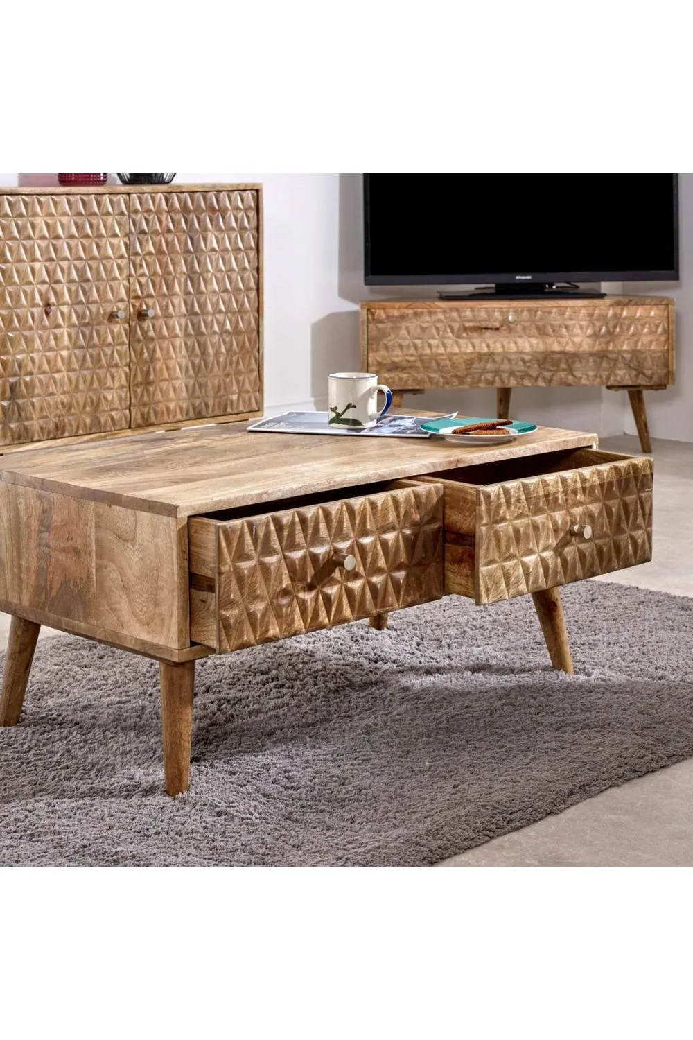 IH Design Cliddesden Light Mango Wood Coffee Table 2 Drawers in Natural 4