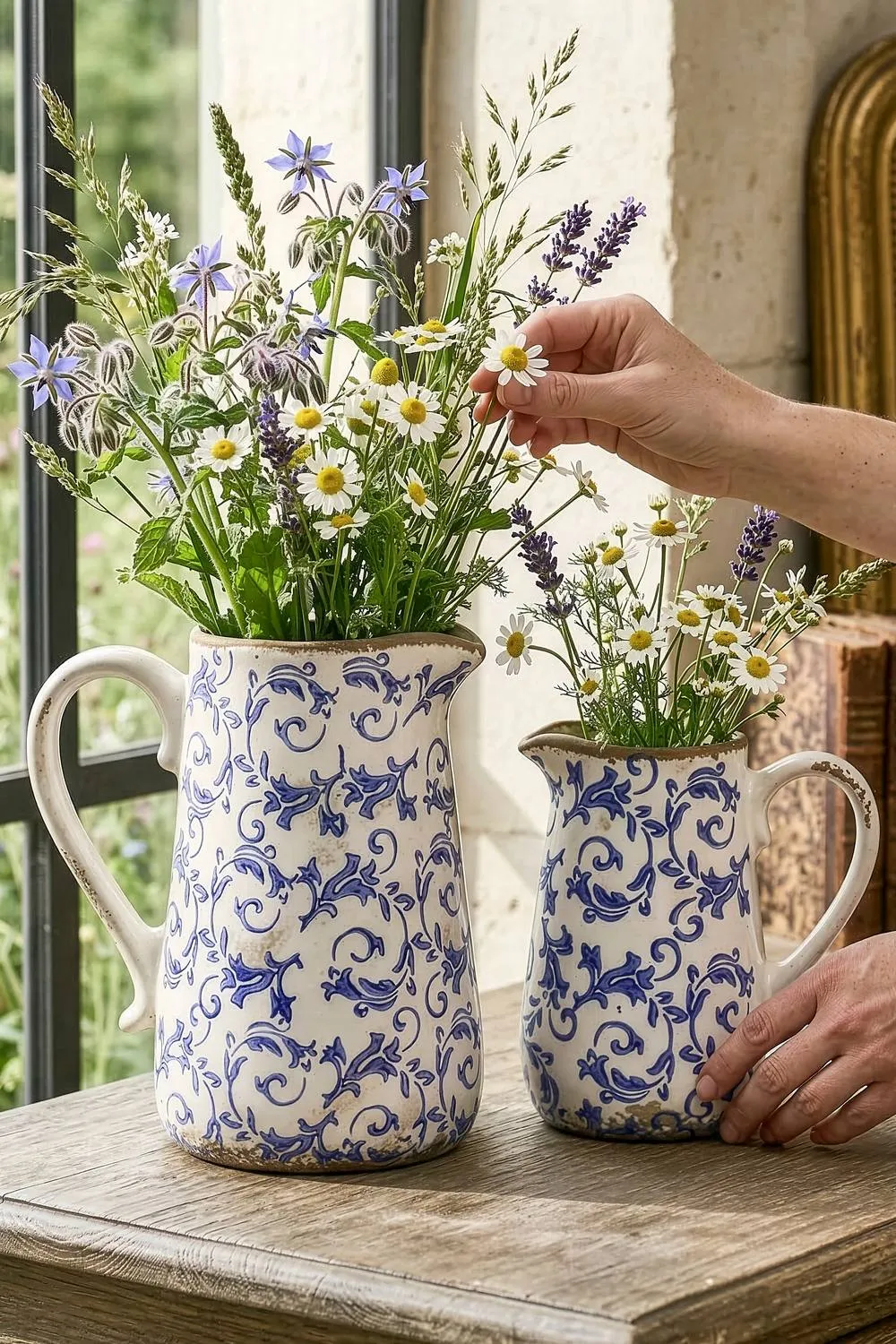 Dibor Vintage Solene Large Blue Botanical Home Decor Pitcher Jug H23 x W20cm in Cream 4