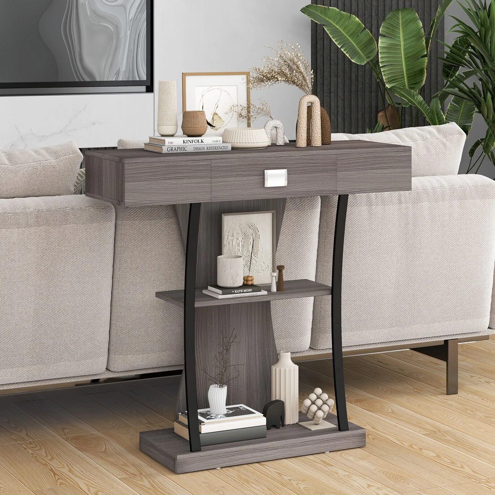 Costway T Shaped Industrial Console Table Narrow Sofa Side Table Entryway Display Shelves in Grey 5