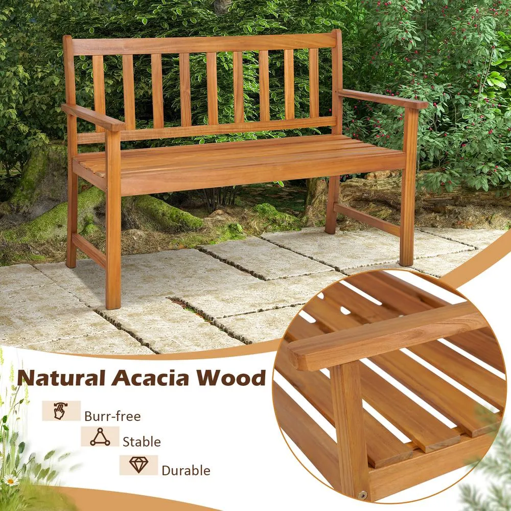 Costway 2-Person Outdoor Bench Garden Patio Wooden Loveseat Bench w/Armrests in Natural 3
