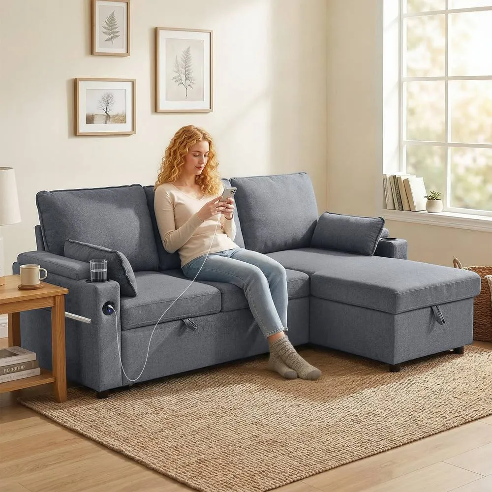 HOMCOM Corner Sofa Bed, L Shaped Sofa with Storage Chaise, USB Ports in Grey 1