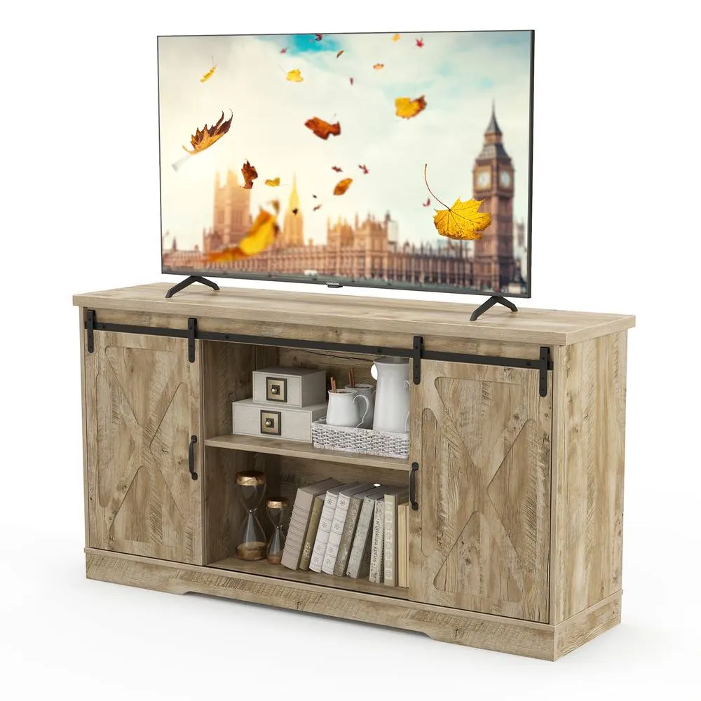 Costway 150cm Media Entertainment Center TV Stand Cabinet for 65 Inch TVs-Grey in Natural