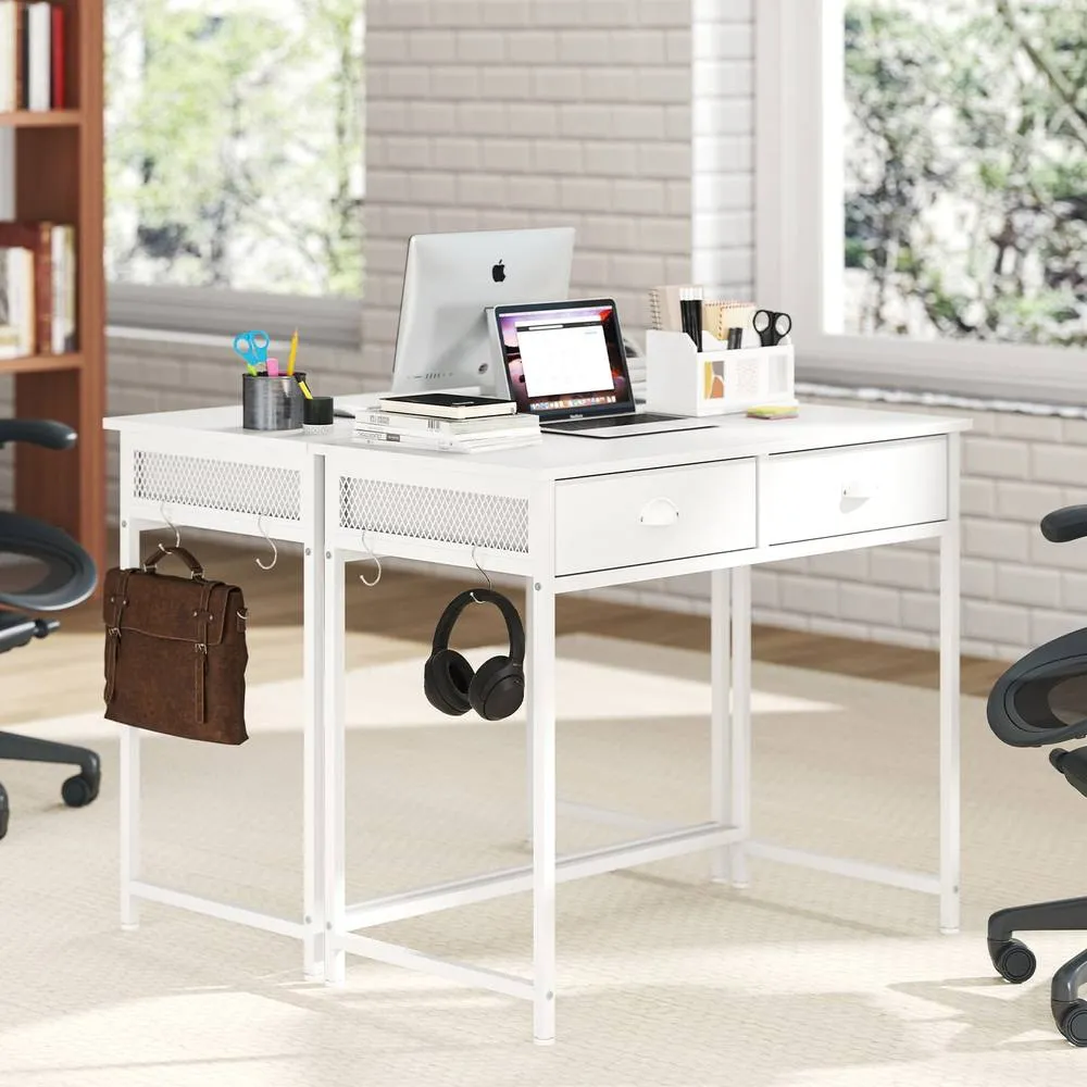 Costway Computer Desk Space Saving Home Office Desk w/2 Fabric Drawers-White in White 6
