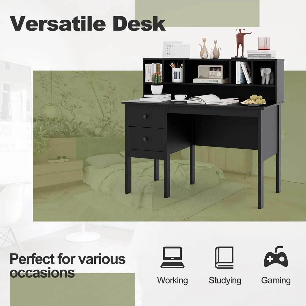 Costway Computer Desk 120 CM Writing Desk with Power Outlets & Drawers in Black 6